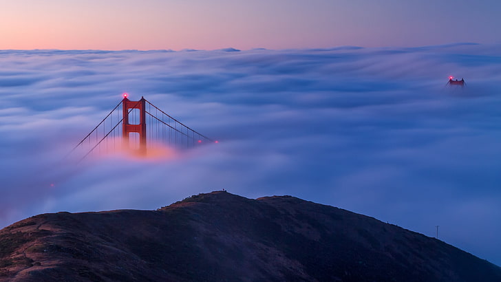 red Golden Gate Bridge, landscape, mist, mountain, sky, cloud - sky