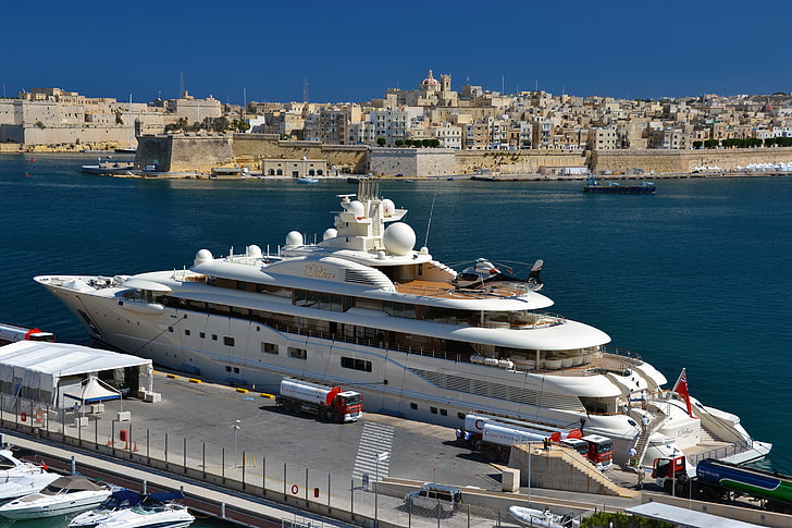 white yacht, the city, dressing, port, helicopter, architecture