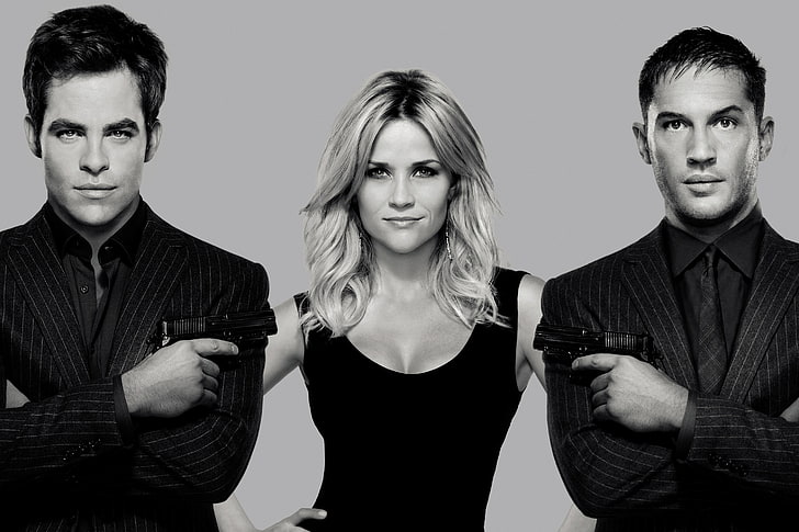 two men and woman grayscale photography, weapons, guns, blonde