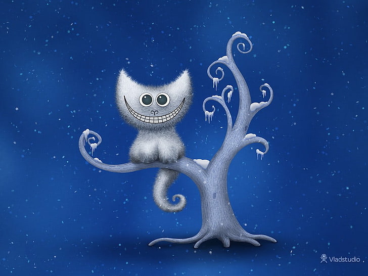 gray cat illustration, Cheshire Cat, Vladstudio, snow, trees, HD wallpaper