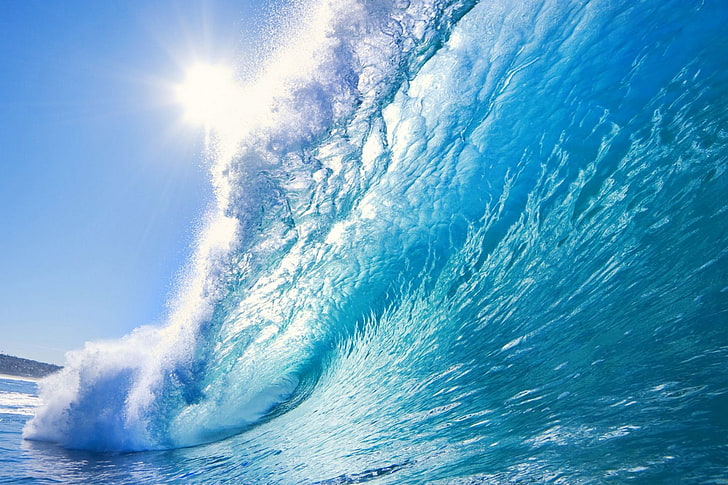 body of water and sun, sea, the sun, wave, blue, nature, surf