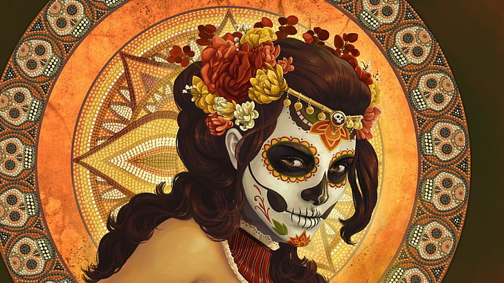 artwork, Dia De Los Muertos, digital art, flowers, Mexico, mosaic, HD wallpaper