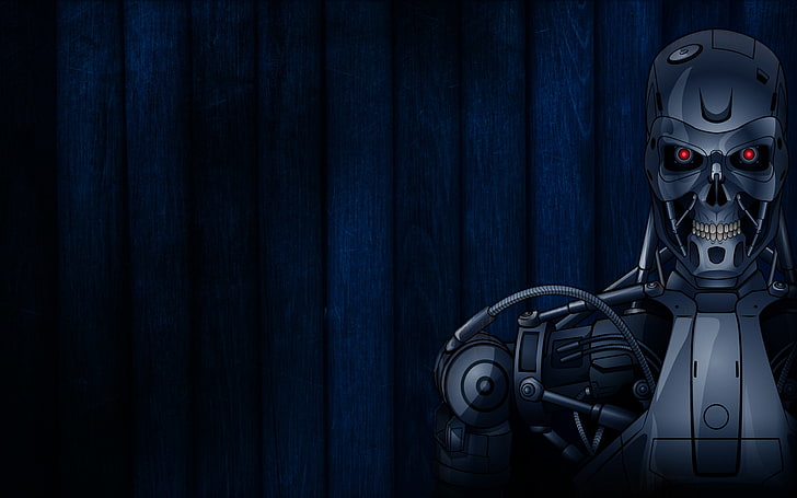 El propietario Decisión caravana HD wallpaper: Terminator illustration, strip, robot, red eyes, dark blue  background | Wallpaper Flare