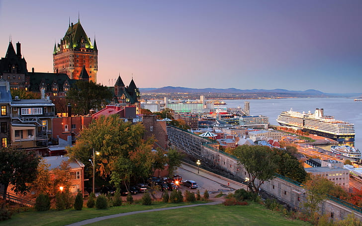 Canada, Quebec, harbor, city, house, dusk, HD wallpaper