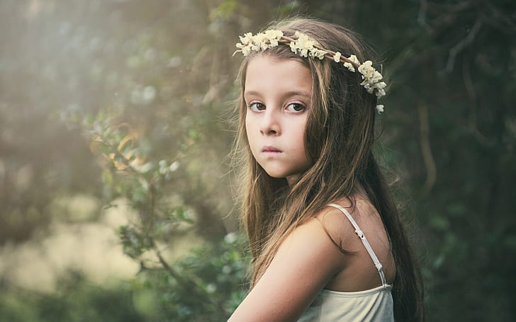 Cute girl look, child, flower wreath, girls white floral headdress, HD wallpaper
