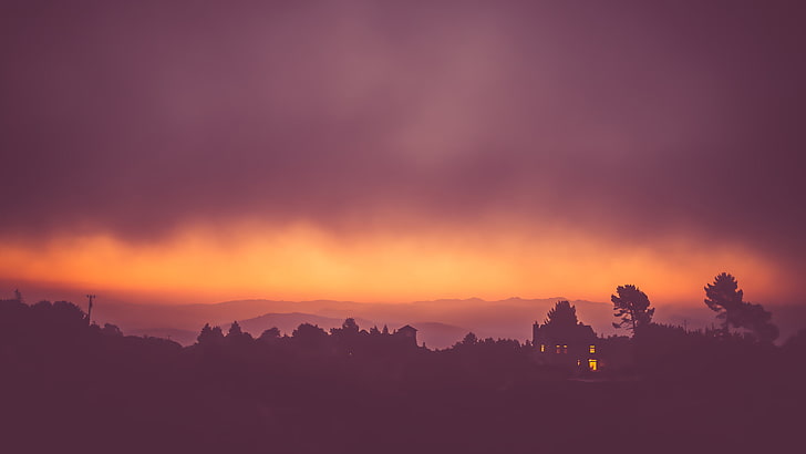 house silhouette, landscape, mist, sunset, sky, cloud - sky, scenics - nature, HD wallpaper