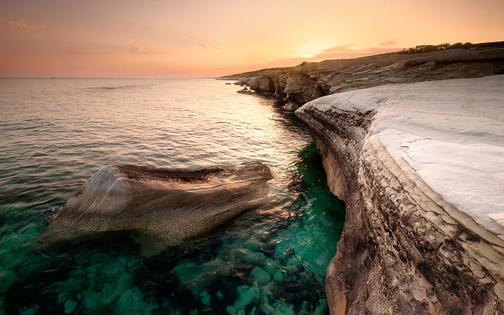 Cyprus beautiful scenery, sea, coast, orange sky, dusk sunset, HD wallpaper