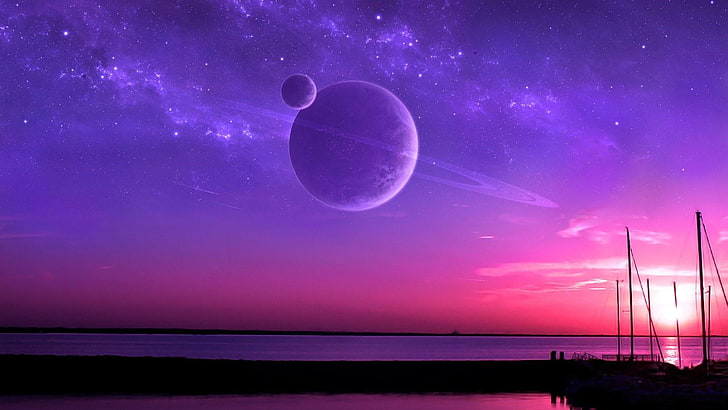 planet, ringed planet, moon, purple sky, pink sky, sea, fantasy art