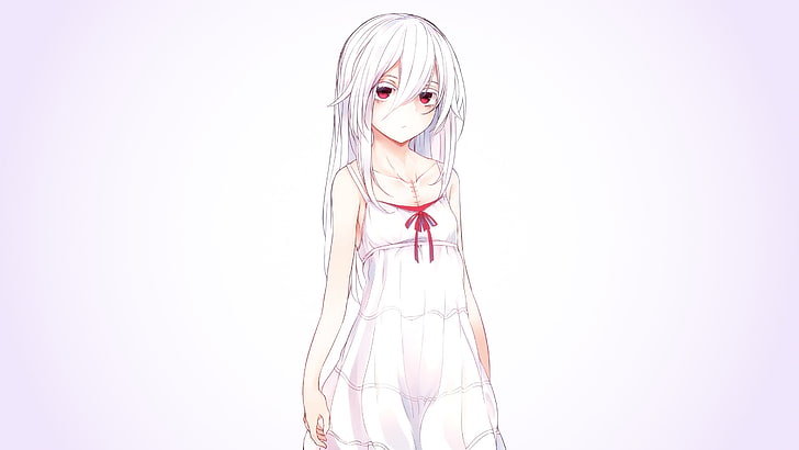 anime girls, long hair, dress, white background, white hair, HD wallpaper