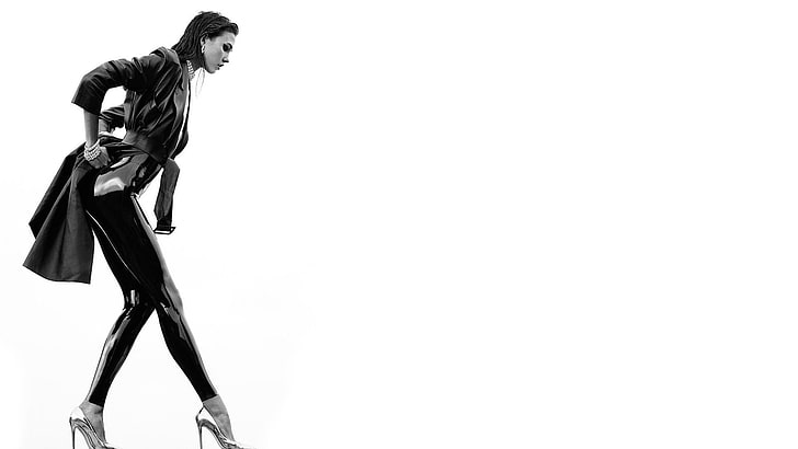 women's jacket and leggings, Karlie Kloss, heels, tight clothing, HD wallpaper