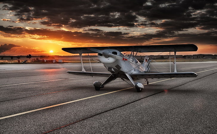 Aircraft, gray propeller plane, Army, Sunrise, Orange, Dawn, Airport, HD wallpaper