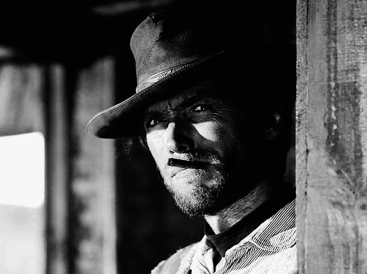 gray scale photo of man wearing hat, Clint Eastwood, monochrome