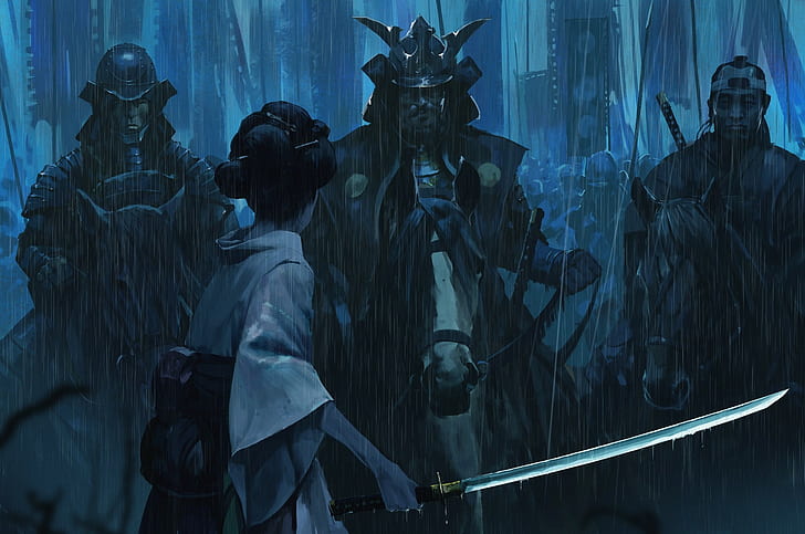 Fantasy, Samurai, Girl, Horse, Katana, Rain, Sword, Warrior, HD wallpaper