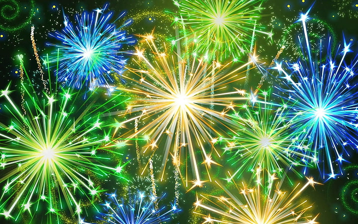 green, yellow, and blue fireworks, flash, celebration, exploding