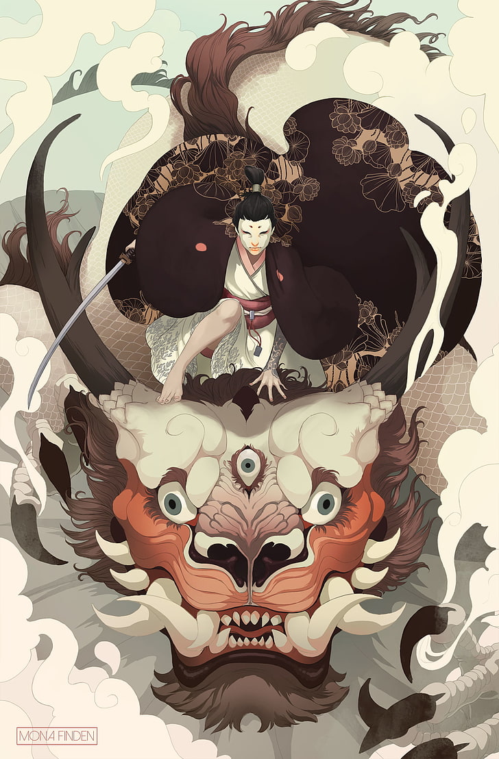 Mona Finden, illustration, women, smoke, geisha, dragon, mantle, HD wallpaper
