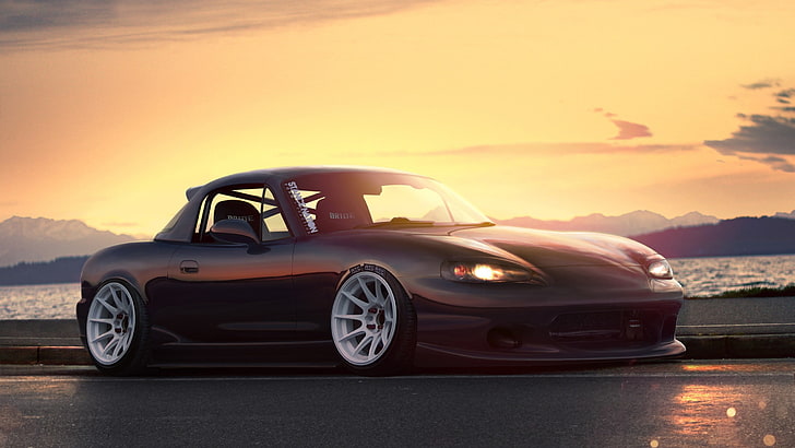 black sports coupe on road during golden hour, Stance, Mazda MX-5