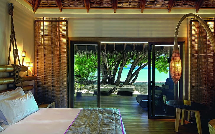 Bora Bora, trees, resort, bed, beach, interior, room, HD wallpaper
