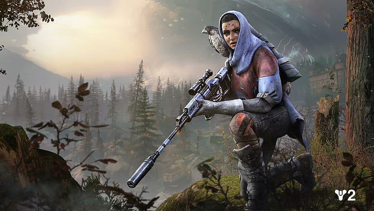 Destiny 2, video games, Hawthorne, sniper rifle, hoods, forest, HD wallpaper