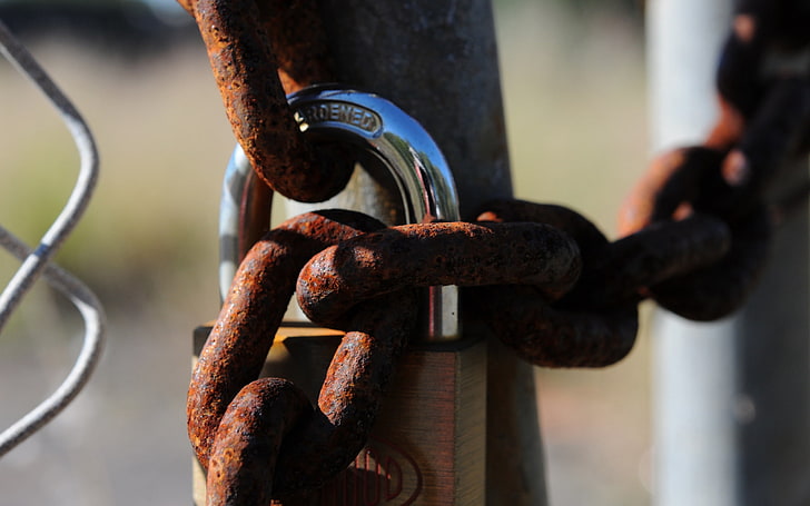 brown and gray metal padlock, rust, chain, mesh, security, steel