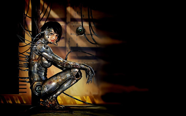 female cyborg clip art, girl, cables, charger, futuristic, horror