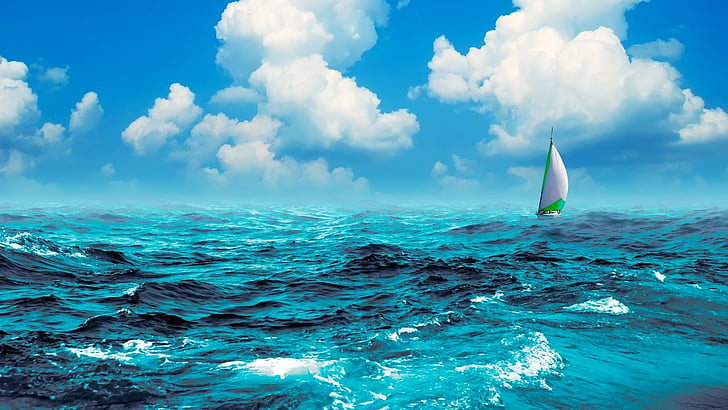 sea, ocean, sky, water, fluffy clouds, wave, wind wave, horizon, HD wallpaper