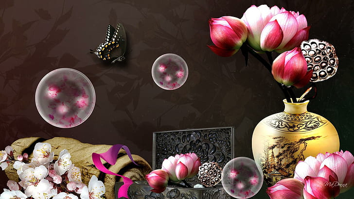 Oriental Elegance, vase, cherry blossoms, bubbles, chinese, bamboo, HD wallpaper