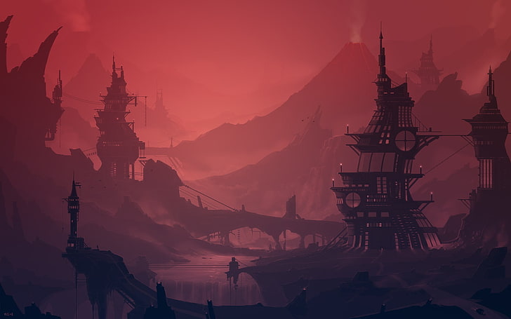 castle illustration, game scenery, red, steampunk, landscape