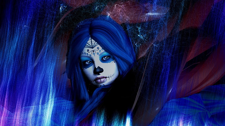 blue, face, mask, darkness, dia de muertos, halloween, girl, HD wallpaper