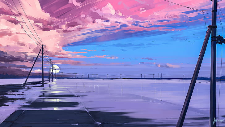 illustration, landscape, sky, clouds, Sun, water, ice, lines