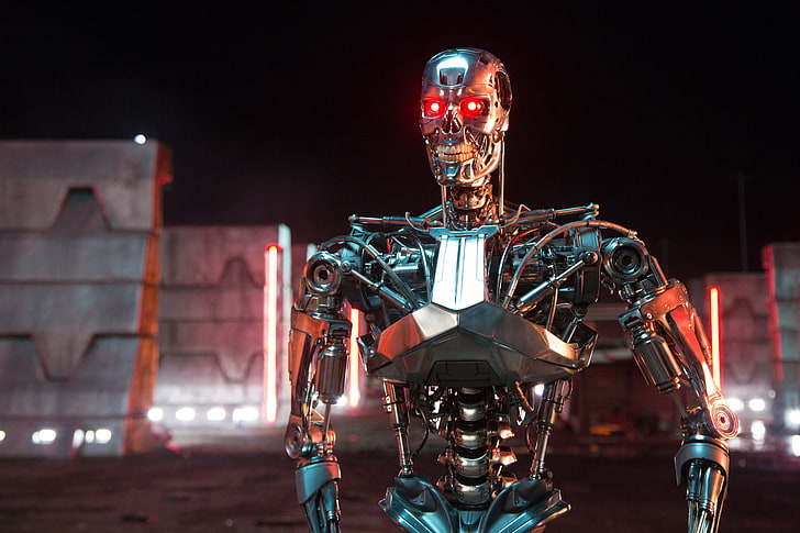 life-size gray steel robot, fiction, Terminator: Genisys, Terminator: Genesis