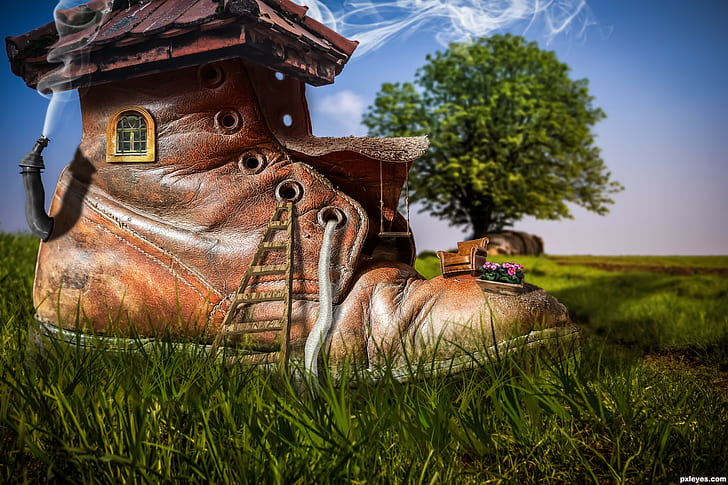 digital art fantasy art architecture building house artwork painting boots nature landscape ladders grass trees chimneys window smoke shoes lace swirls depth of field, HD wallpaper