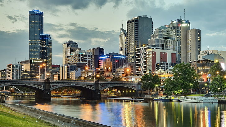 Melbourne, Australia, Yarra river, bridge, embankment, Buildings, HD wallpaper