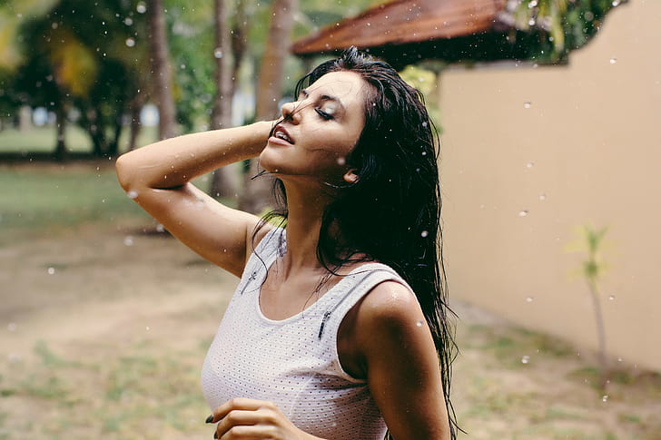 women, model, rain, Aurela Skandaj, brunette, wet hair, white tops, HD wallpaper