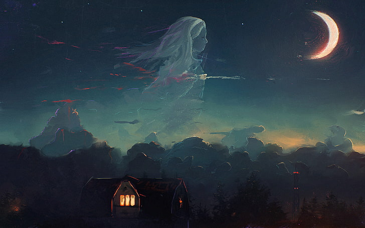 moon, house, and clouds painting, artwork, fantasy art, ghost