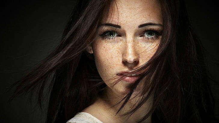 women, brunette, face, green eyes, freckles, looking at viewer