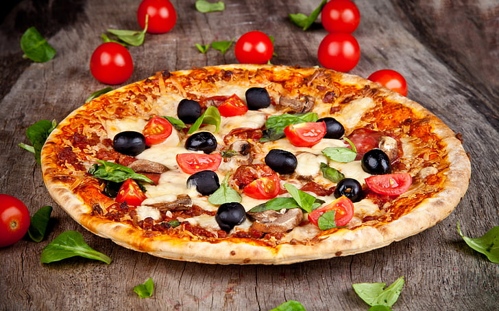 pizza, olives, tomatoes, basil, food, food and drink, vegetable