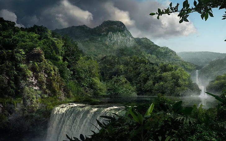 landscape, waterfall, nature, mountains, jungle