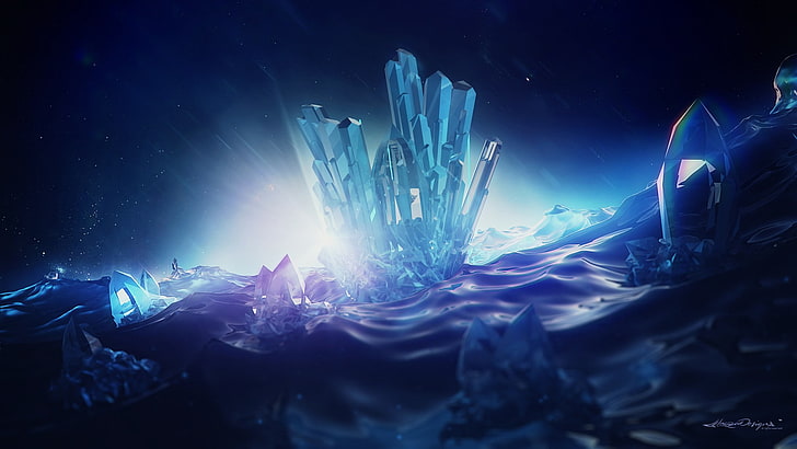 crystal, abstract, digital art, Lacza, blue, cold temperature