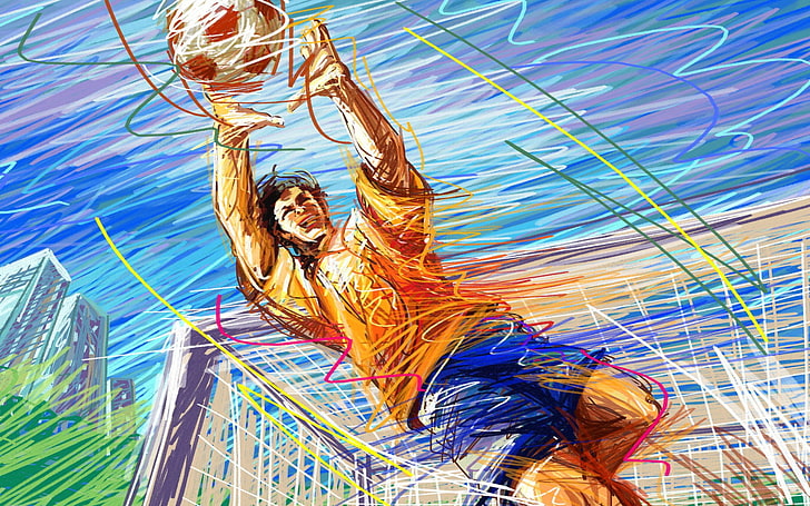 man holding soccer ball painting, goalkeeper, one person, nature