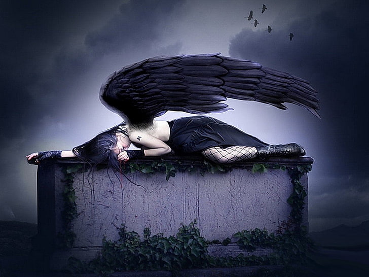 fallen angel illustration, Dark, Bird, Grave, Wings, Woman, sadness