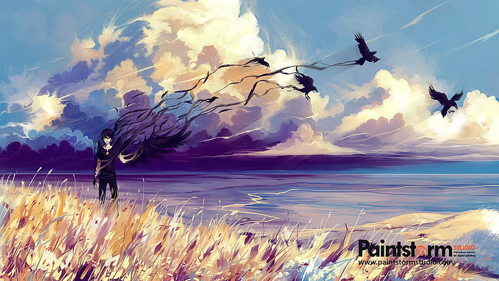 artwork, digital art, fantasy art, birds, crow, black, landscape, HD wallpaper