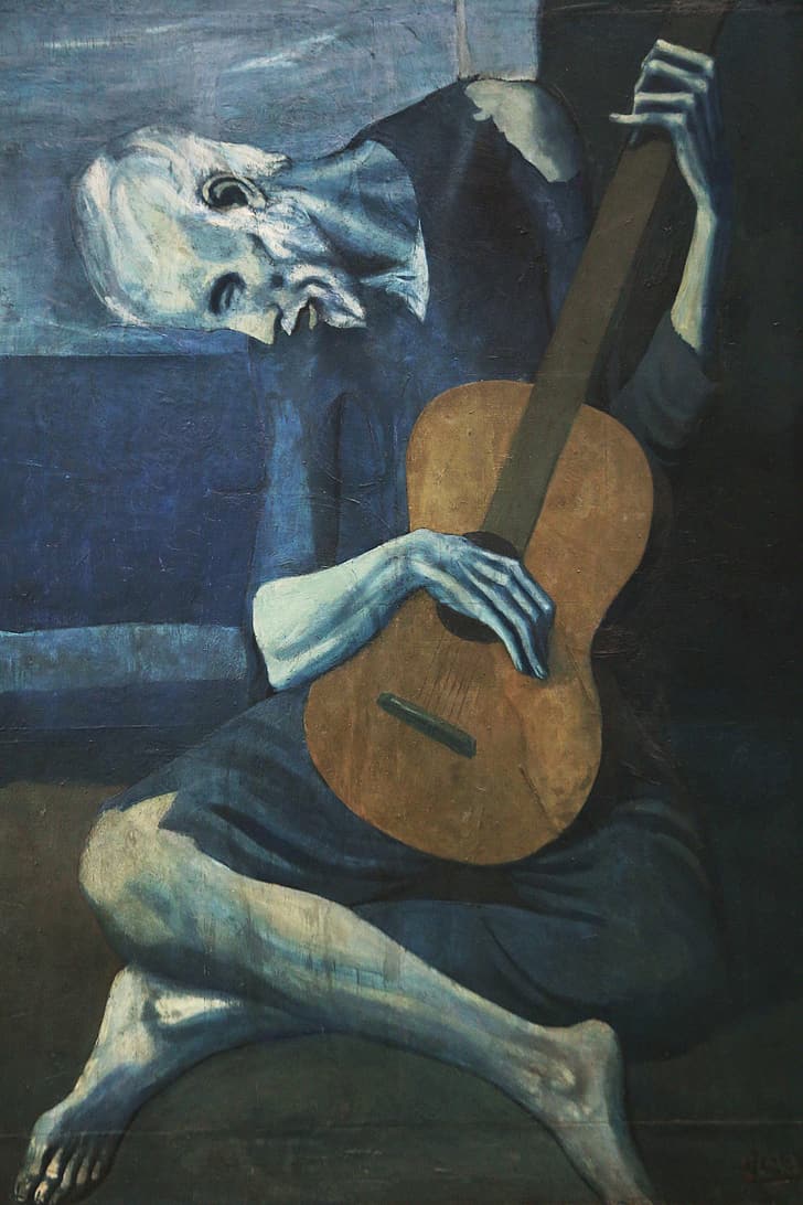 painting, artwork, guitar, guitarist, Pablo Picasso, blue, old people