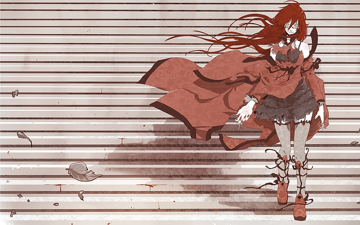 female anime character with red hair walking down the stairs illustration