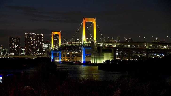 brown suspension bridge, cityscape, Tokyo, Rainbow Bridge, built structure, HD wallpaper
