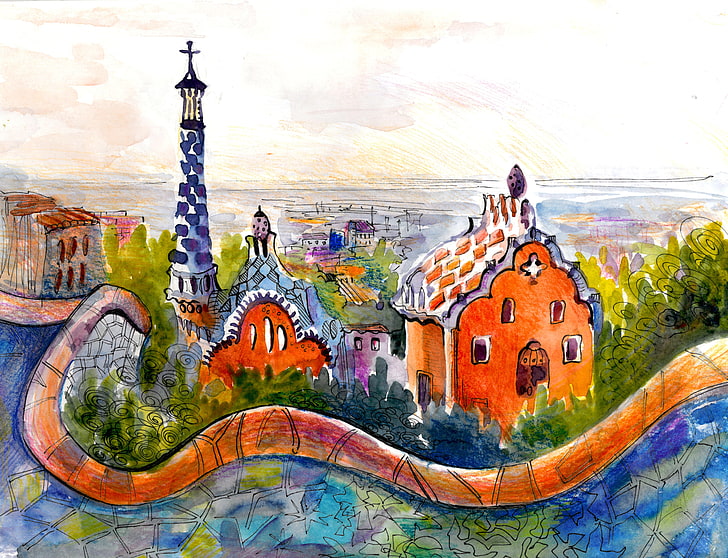 multicolored castle painting, the city, home, roof, watercolor painting