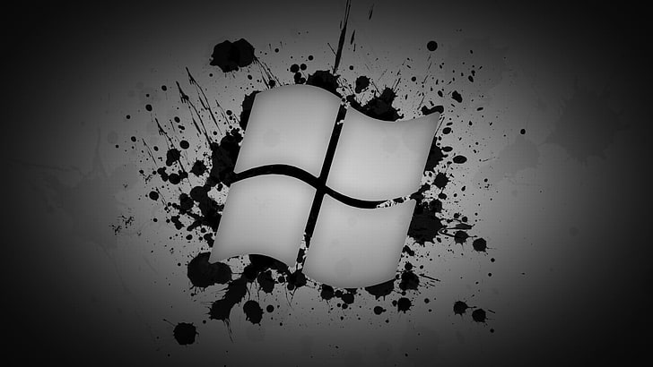 white Windows logo, Microsoft Windows, paint splatter, monochrome