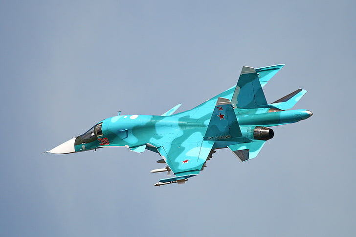 blue fighter jet, su-34, bomber, sky, air Vehicle, flying, fighter Plane, HD wallpaper