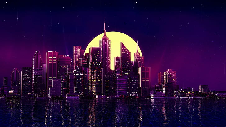 neon, city, purple background, HD wallpaper