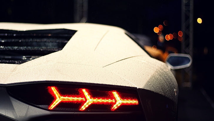 Lamborghini Aventador, Hypercar, rain, lights, white cars, vehicle