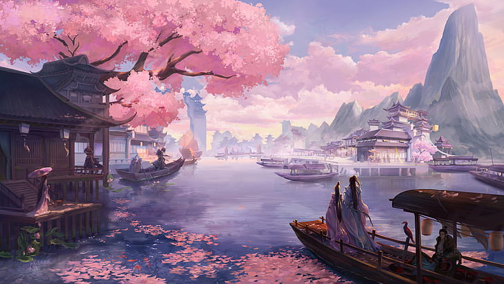 Fantasy, Oriental, Boat, Cherry Blossom, Cherry Tree, Mountain